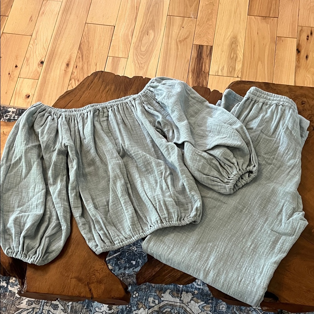 Phi Collective Off-Shoulder Blue Blouse and Pants Set